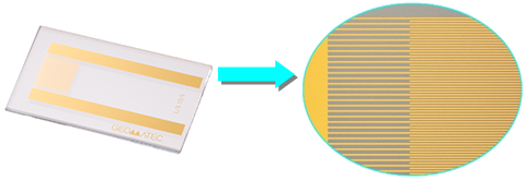 Comb-shaped Electrodes (Electro-chemical measurement chips) Enlarged view of the surface